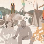 Families in a city with a church at the center