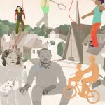 Families in a city with a church at the center