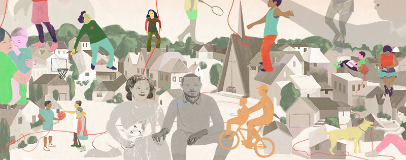 Families in a city with a church at the center