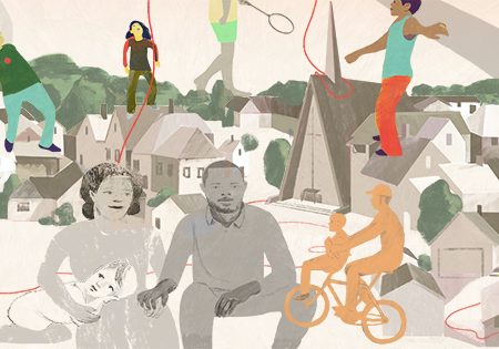 Families in a city with a church at the center